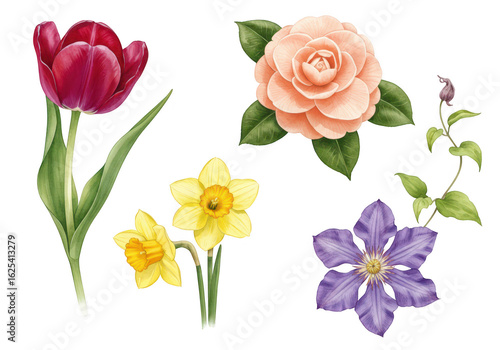 Photo of a beautiful watercolor set of floral illustrations isolated on transparent background, featuring a tulip, camellia, daffodil, and clematis