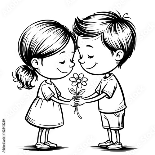 Simple Affection: A sweet drawing of two young, smiling children tenderly sharing a delicate flower, perfectly capturing the innocence and beginning of a beautiful connection.