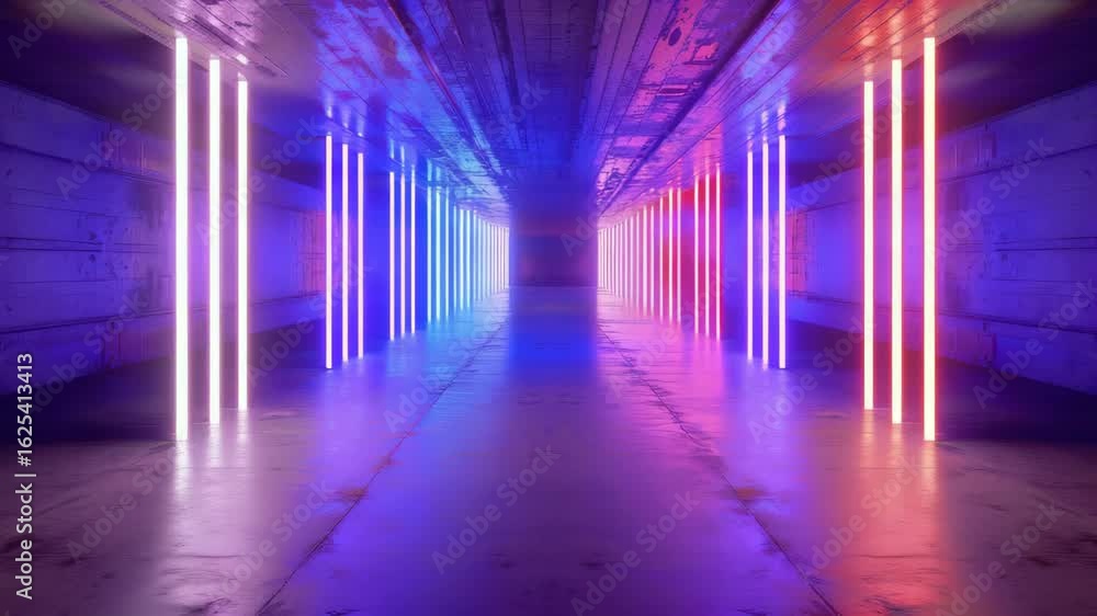 A long hallway with neon lights. The lights are in different colors. The hallway is empty. There is a wall in the background