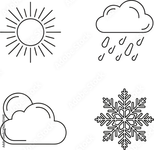 A set of four linear weather icons depicting sun, rain, partly cloudy, and snow conditions.