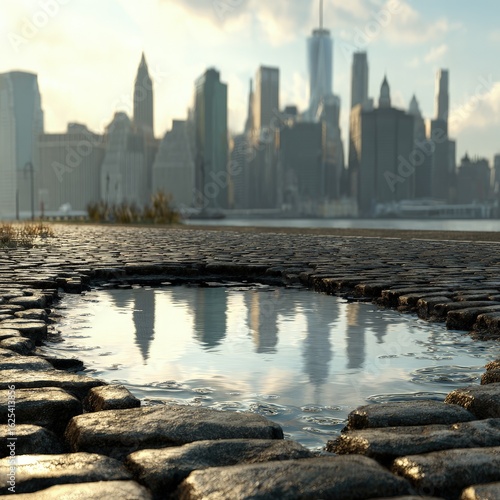 Puddle Reflection On Cobblestone Street New York City