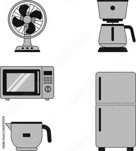 A collection of common household appliances illustrated in a simple, flat, grayscale vector style.