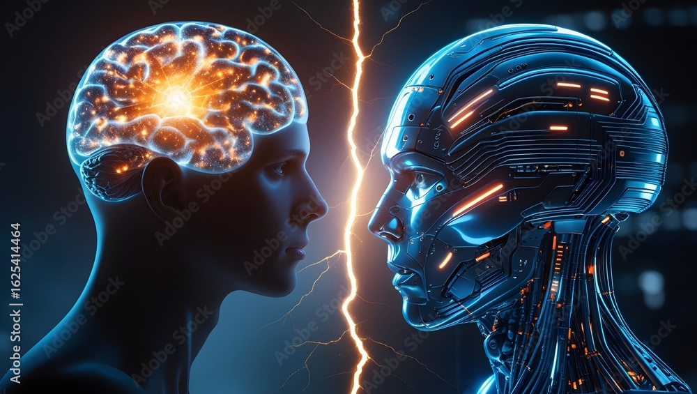 Obraz premium Fractured Consciousness: Glowing Galaxy Thoughts and Futuristic AI Circuitry