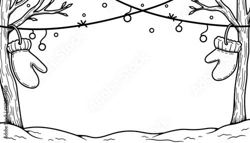 Winter mittens hanging on string in abstract frame – Kids coloring design