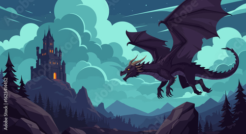 Majestic dark dragon soars through cloudy skies towards a looming gothic castle perched on a rocky, forested mountain peak creating a dramatic fantasy scene.