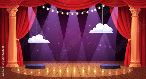 Captivating stage awaits performers with dramatic red curtains, golden spotlights, and whimsical clouds creating a magical atmosphere for any show.