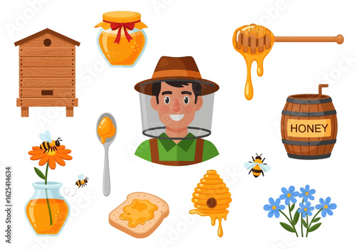 Delightful collection showcases beekeeping essentials like a charming beekeeper, honey jar, barrel, hive, dipper, toast, and buzzing bees amid flowers