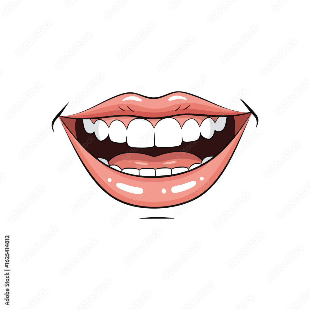 Naklejka premium (Wide Smile Cartoon Mouth. This vibrant illustration captures a joyous expression. Glossy pink lips reveal healthy white teeth and gums, conveying happiness, cheer, and positive emotion.)
