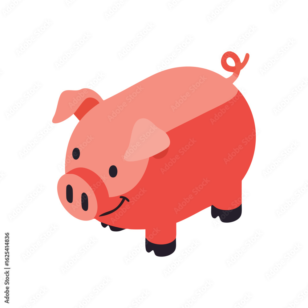 Fototapeta premium (Cute Isometric Pig Illustration. A friendly pink three dimensional swine graphic, perfect for finance, savings, or wealth management concepts. This charming animal symbolizes good fortune and.)