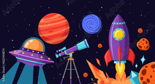 Vibrant cartoon space scene with rocket, UFO, telescope, planets, and stars ignites imagination for cosmic adventures and scientific exploration