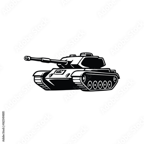 (Modern Battle Tank Graphic. Striking white contour of an armored vehicle against a deep black background. Represents formidable military strength, defense, and strategic power.)