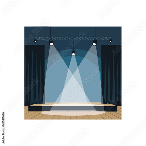 (Spotlit Theater Stage Ready for Show. A dramatic illuminated platform with deep blue drapes awaits its moment. This vacant performance area symbolizes potential and readiness.)