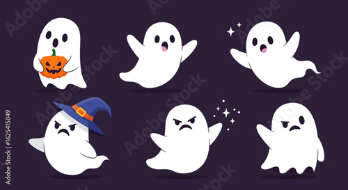 Adorable collection of playful cartoon ghosts showcasing various emotions and Halloween themes perfect for festive designs and seasonal promotions