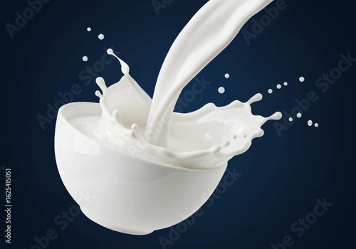 Experience pure refreshment as creamy white milk cascades into a pristine bowl, creating dynamic splashes and delicate droplets in a captivating motion