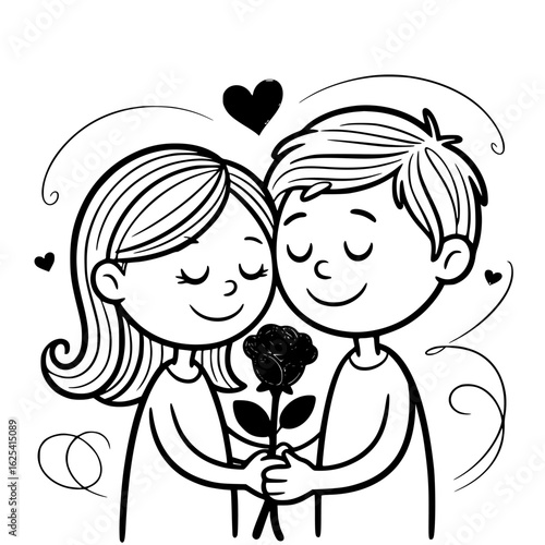 Love's Embrace: An elegant illustration of two tenderhearted young people, eyes closed, tenderly holding a single rose, a universal symbol of love, against an immaculate background.