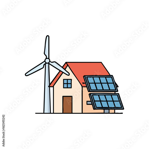 (Eco Home with Renewable Energy. Illustration of a dwelling powered by clean energy. Features roof-mounted sun panels and a wind generator, symbolizing sustainable living and environmental.)