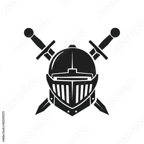 (Warrior Helmet and Crossed Blades. This bold monochromatic symbol features a medieval protective headgear adorned with two intersecting broadswords, representing protection and might.)