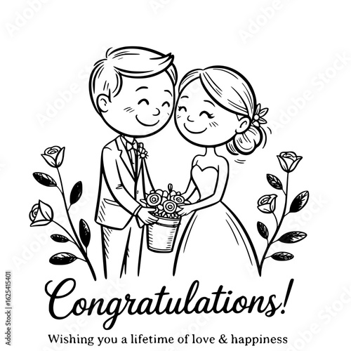 Joyous Union: An adorable black and white sketch captures a tender moment as a newly wedded couple, radiant with happiness, exchanging flowers, the scene accentuated by elegant floral embellishments.