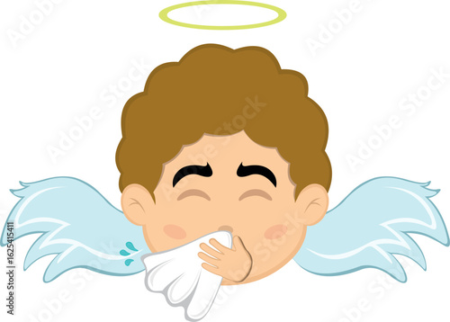 vector illustration face angel character cartoon, sneezing with a nose handkerchief