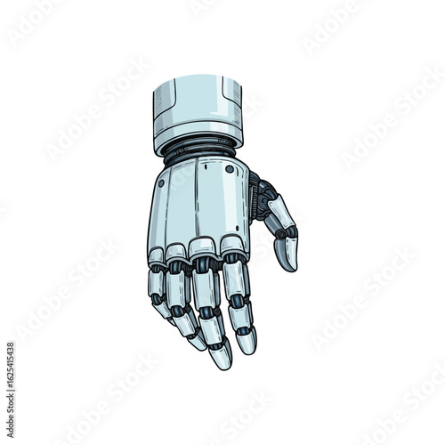 (Futuristic Robotic Hand Illustration. Detailed artwork of an android appendage. Symbolizes artificial intelligence, human machine interaction, digital innovation, and future automation.)