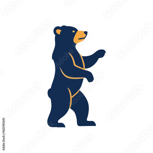 (Majestic Bear Character Illustration. Bold ursine creature rendered in a modern flat design. This graphic, with dark indigo and golden orange tones, embodies raw strength and natural power.)