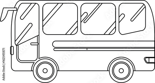 Black and white outline silhouette illustration of a passenger minibus side view with windows and door, suitable for coloring books or educational materials