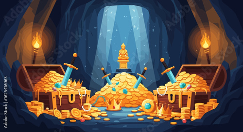 Unearth ancient treasures and glittering gold coins within a mystical cave, illuminated by flickering torches and divine light, hinting at adventure and immense wealth.