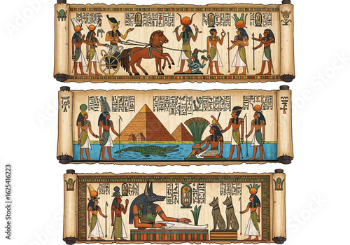 Vibrant ancient Egyptian papyrus scrolls showcasing gods, pharaohs, chariots, pyramids, and hieroglyphs evoking history and mystique