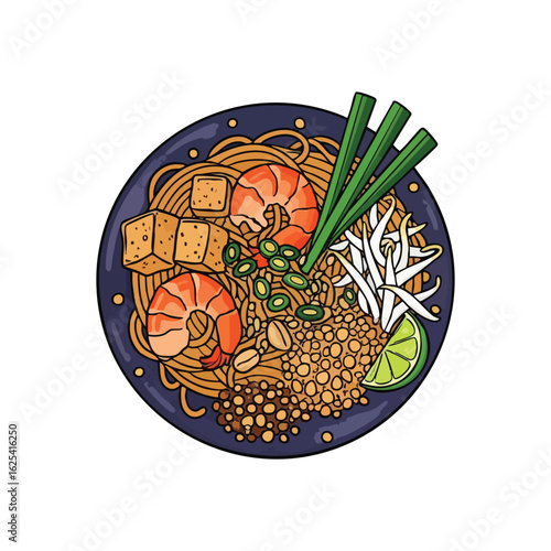 Traditional Thai Pad Thai Noodle Dish. Vibrant illustration of classic Thai Pad Thai, featuring flavorful noodles, succulent prawns, tofu, and fresh garnish. A symbol of exotic culinary journeys and.