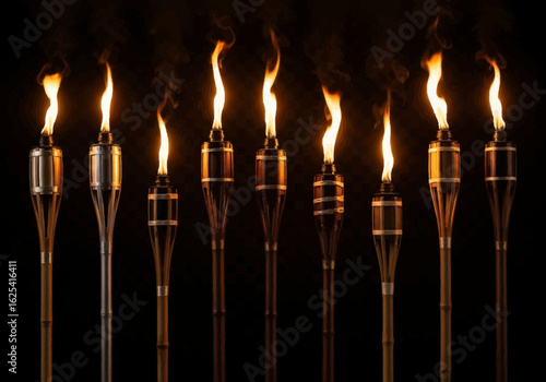 Illuminating row of diverse tiki torches casting warm, flickering light creating a cozy, inviting ambiance for outdoor gatherings and festive celebrations.