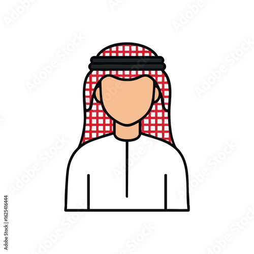 (Arab Man Traditional Attire Icon. Minimalist avatar of an Arabic male figure adorned in authentic national dress, symbolizing rich traditions and cultural pride.)