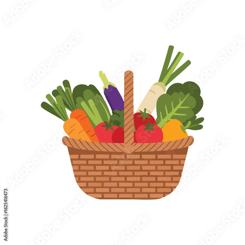 (Vibrant Produce Basket. An illustration of a rustic hamper brimming with a diverse array of garden-fresh edibles, representing natural goodness and healthy living.)