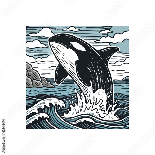 (Majestic Orca Leaping from Ocean. Dynamic artwork featuring a mighty killer whale vaulting from turbulent deep waters. This powerful design symbolizes strength and freedom of marine wildlife.)
