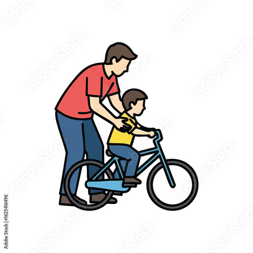 (Father Son Bike Lesson. This image depicts a male adult patiently teaching his young boy to balance and cycle. It symbolizes support, growth, and a precious family bonding experience.)