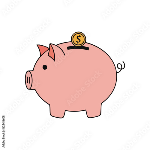 (Pink Piggy Bank Dollar Coin Savings. Cartoon pig moneybox with a gold monetary piece depicts personal finance growth. Ideal for banking, investment, and wealth accumulation.)