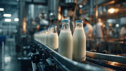 Milk Bottles On Conveyor Belt In Dairy Factory