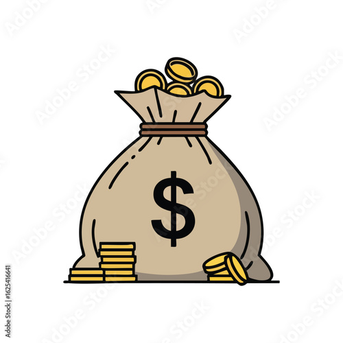 (Wealth Bag and Gold Coins. This vibrant illustration depicts a large currency pouch brimming with valuable currency, symbolizing prosperity, profit, and financial security.)