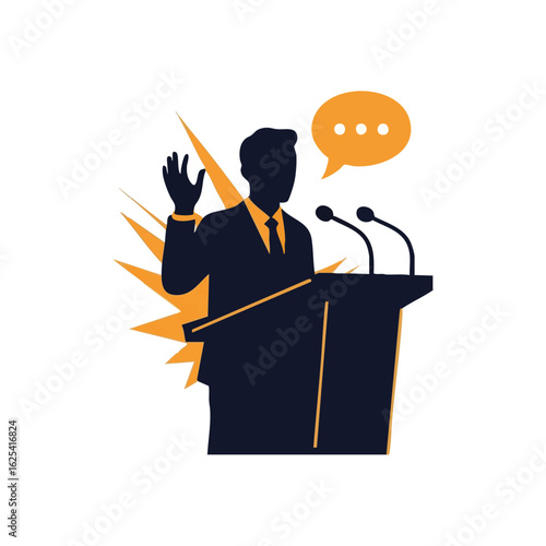 (Public Speaker at Podium Icon. Stylized illustration of a figure addressing an audience from a lectern with microphones. It conveys powerful communication and authority.)
