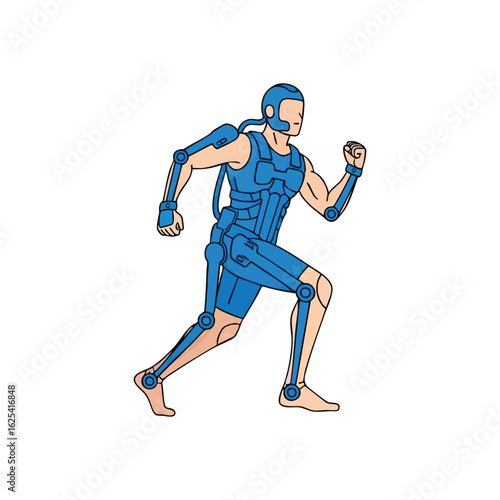 (Futuristic Running Exosuit. Dynamic illustration of an individual wearing an advanced robotic suit, symbolizing enhanced human performance and bionic innovation.)