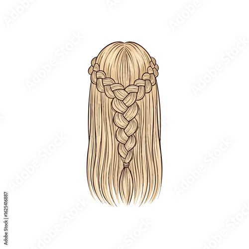 (Intricate Blonde Braided Hairstyle. Captivating depiction of a beautiful golden mane from behind, featuring a sophisticated interwoven plait. Represents grace, tradition, and artistry.)