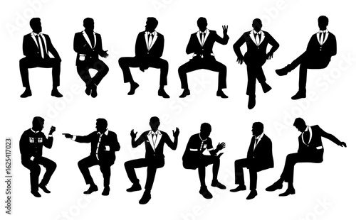 Large male group of bachelors, men in suits and ties, black silhouette of people