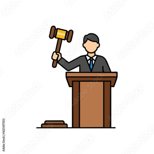 (Judge Holding Gavel at Podium. Stylized illustration depicting a legal professional or auctioneer striking with a mallet. Symbolizes court proceedings, important rulings, or public sales events.)
