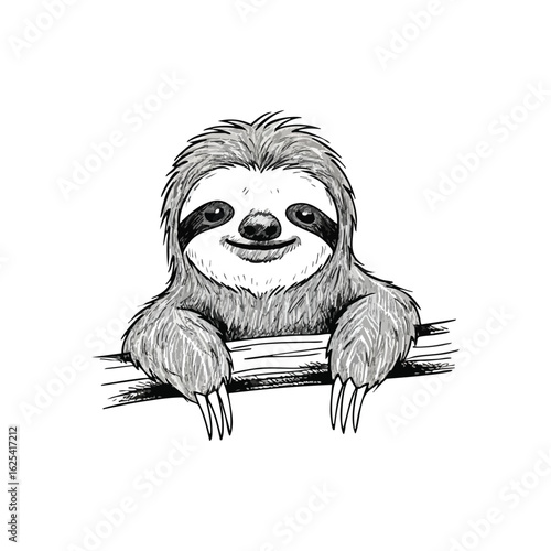 (Charming Sloth Embracing a Branch. A delightful grayscale rendition of a forest dweller, showcasing its gentle smile while gripping foliage. This art conveys calmness and leisure.)