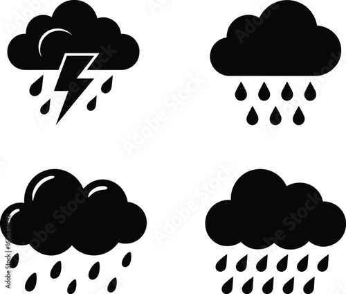 Collection of four distinct weather icons featuring stormy clouds with rain and lightning in a clean silhouette style