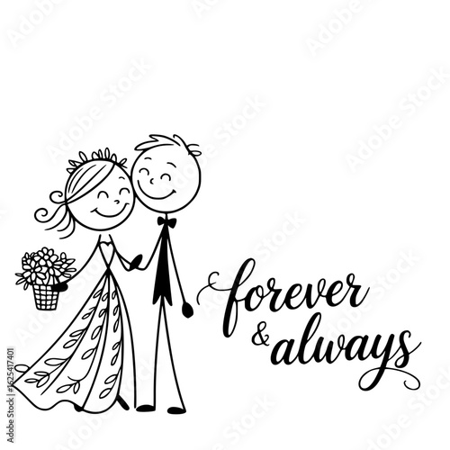 Forever & Always: Hand-drawn stick figures stand side-by-side on their special day in a visual story of unity, joy and everlasting love. Embodying the spirit of commitment.
