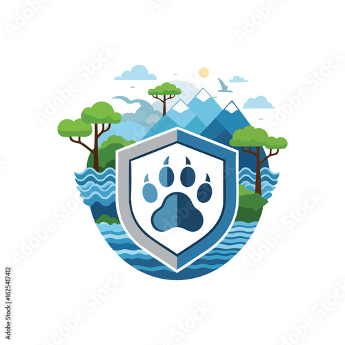(Wildlife and Nature Protection Emblem. Vibrant vector artwork showcasing a paw print shield amidst mountains, trees, and water. This design signifies ecological guardianship and creature advocacy.)