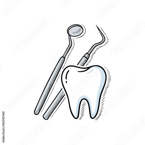 (Dental Care Instruments. A shining tooth image with professional examination tools, representing oral hygiene, clinic health, and patient wellness.)