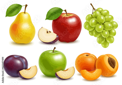 Vibrant assortment of fresh, ripe fruits including juicy apples, plump plums, sweet grapes, and succulent apricots, perfect for healthy eating and culinary inspiration.