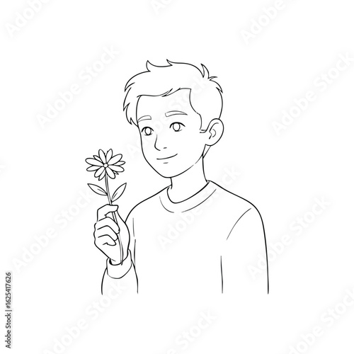 (Young Boy Offers Daisy Flower. Artistic portrait of a gentle youth extending a white blossom. The minimalist black and white style evokes innocence and genuine emotion.)