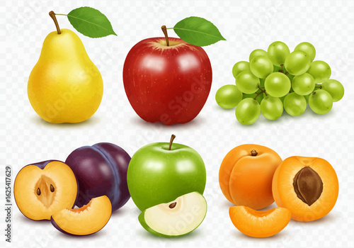 Vibrant fresh fruits collection featuring juicy apples, ripe pears, sweet grapes, luscious plums, and bright apricots perfect for healthy eating campaigns